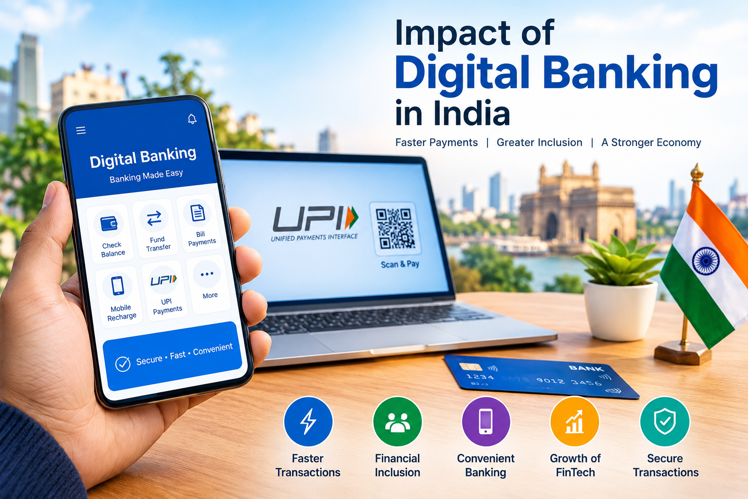 Impact of digital banking in India showing mobile banking, UPI payments, financial inclusion, faster transactions, fintech growth, and secure digital banking services.